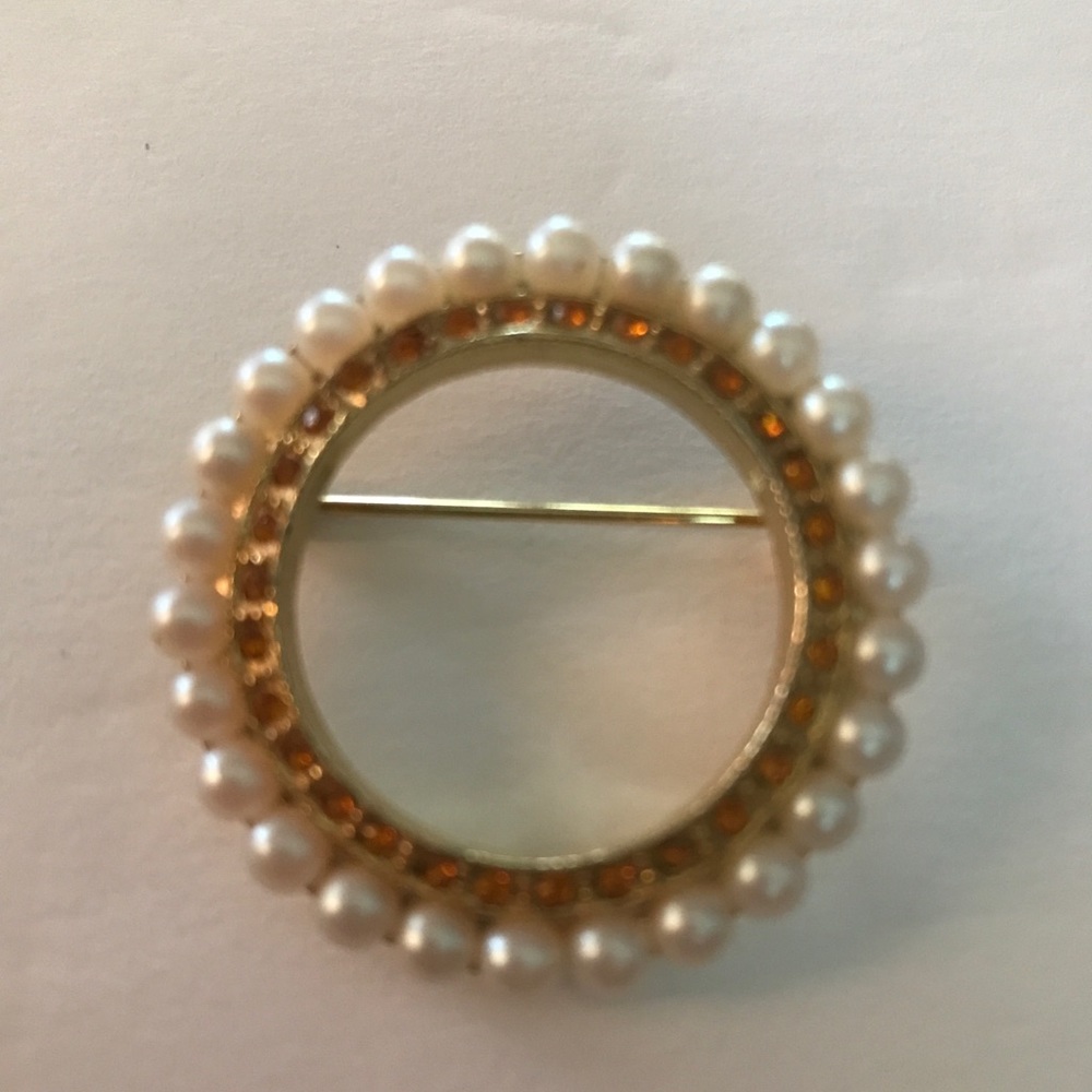 Vintage Hobe Faux Pearl Tourmaline Circle Brooch Pin Signed